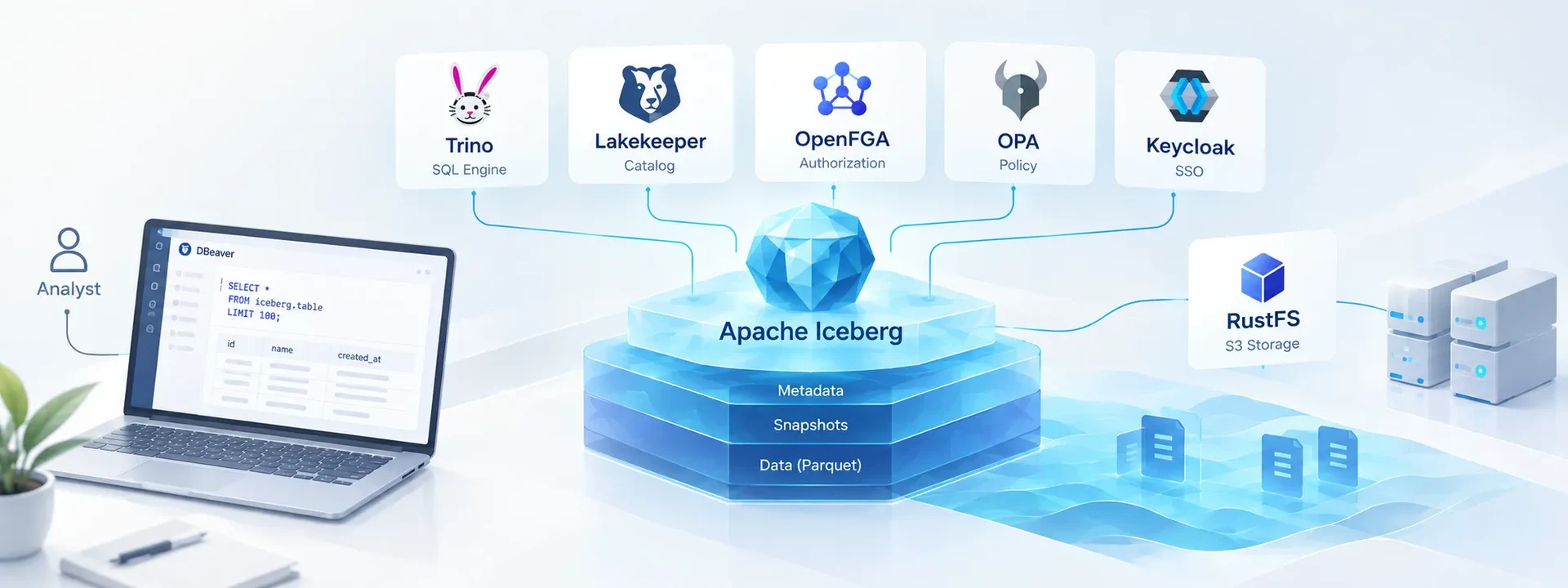 Стенд Apache Iceberg: Trino, Lakekeeper, OpenFGA, OPA, Keycloak и S3 на RustFS вокруг таблицы Iceberg