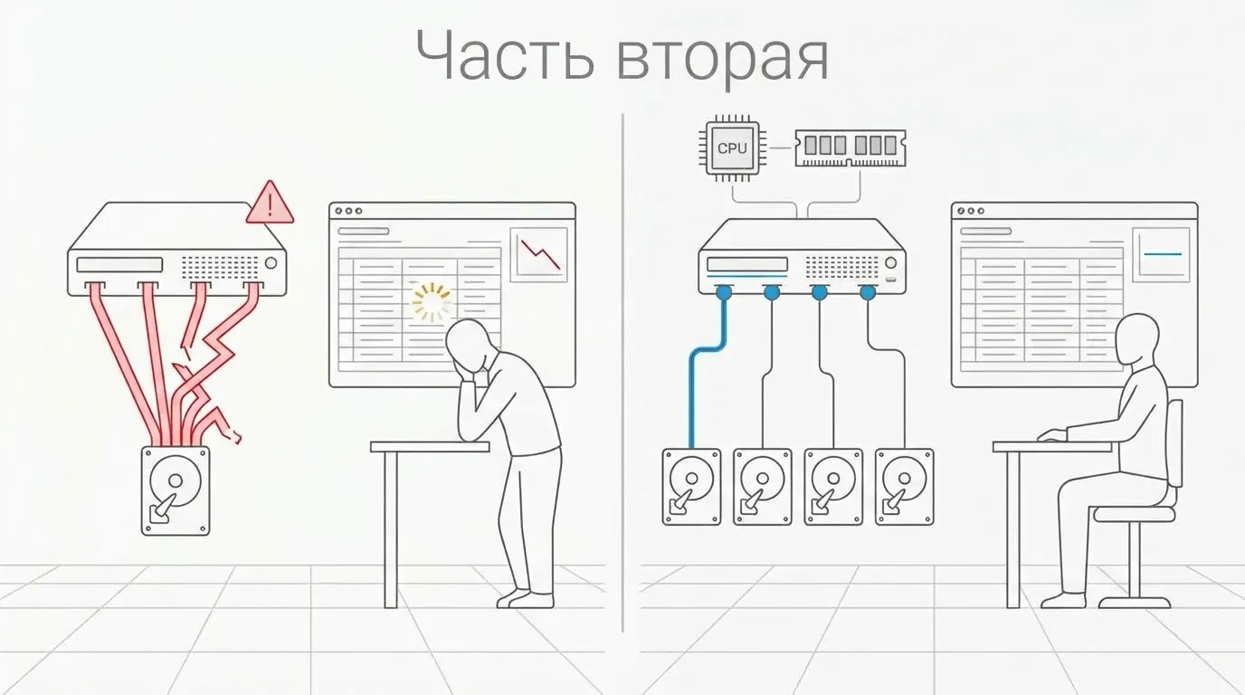 Слева сервер с ошибкой и застывшим отчётом, справа тот же сервер с разнесёнными дисками и работающим пользователем, надпись «Часть вторая»